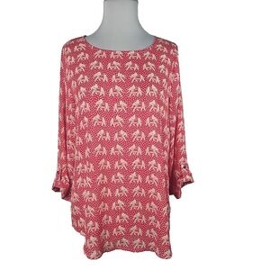 Pixley Pink Chiffon Elephant Print 3/4 Tab Sleeve Blouse Size Medium M